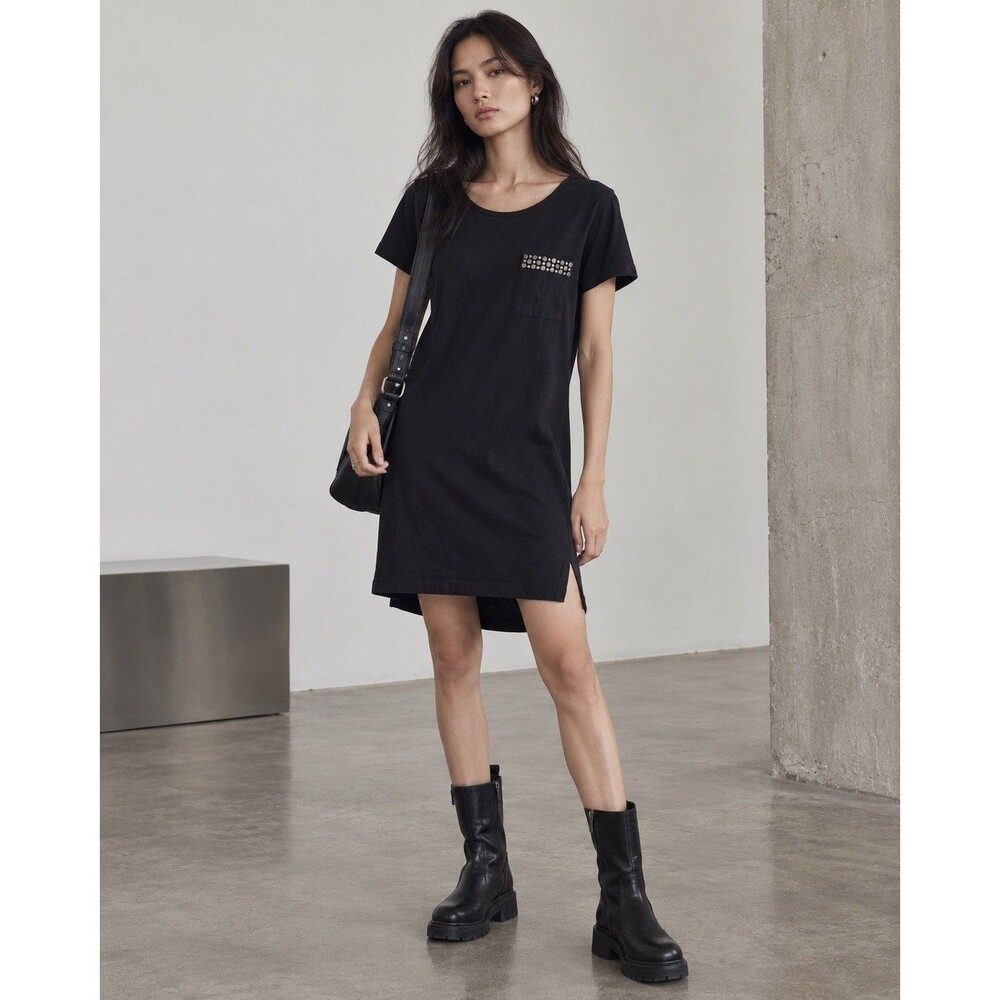 Young Fabulous & Broke T Shirt Dress S Black Studded Pocket Cotton Hi Low Grunge